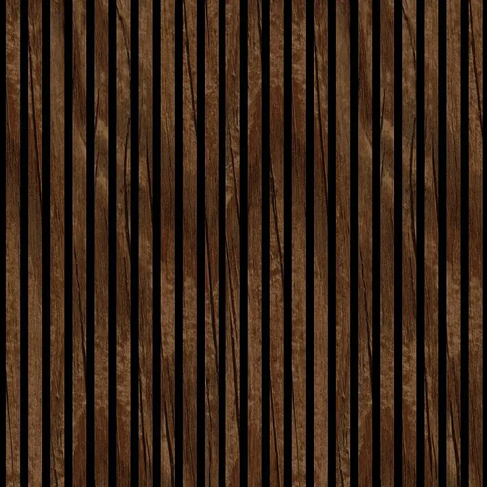 FN Neuhofer Akustikpaneel Acustico PVC - Eiche Rustikal, L x B x S: 2.400 x 572,5 x 19 mm, 1 Stk., 1,374 m² - Holzpaneele mit dunklen Zwischenräumen, die eine natürliche und moderne Ästhetik für Innenräume bieten. Die Holzstruktur ist deutlich sichtbar.