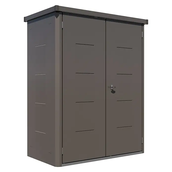 Telluria Geräteschrank Giarmadio - Stahl, Anthrazit, L x B x H: 154 cm x 88 mm x 193 cm - Bild eines modernen, grauen Metallschranks mit Doppeltür und horizontalen Designelementen. Ideal zur Aufbewahrung im Außenbereich.