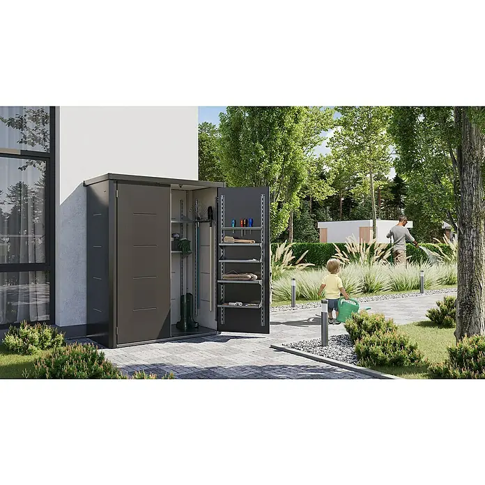 Telluria Geräteschrank Giarmadio - Stahl, Anthrazit, L x B x H: 154 cm x 88 mm x 193 cm - Geräumiger Geräteschrank aus Metall mit geöffneten Türen, der viel Stauraum für Gartengeräte und Zubehör bietet.