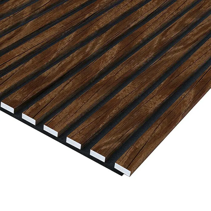 FN Neuhofer Akustikpaneel Acustico PVC - Eiche Rustikal, L x B x S: 2.400 x 572,5 x 19 mm, 1 Stk., 1,374 m² - Abbildung einer Holzpaneelwand mit braunen Holzlatten und dunklem Hintergrund, ideal für moderne Innenräume.