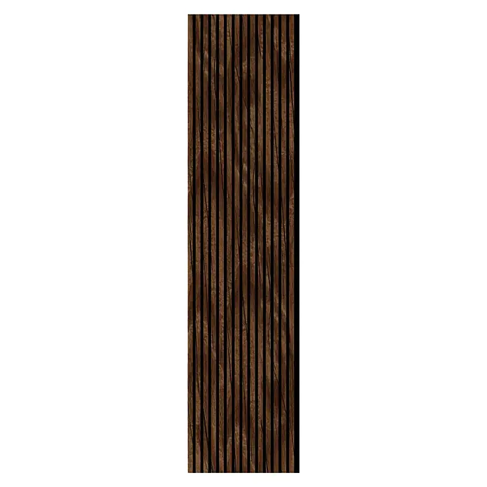 FN Neuhofer Akustikpaneel Acustico PVC - Eiche Rustikal, L x B x S: 2.400 x 572,5 x 19 mm, 1 Stk., 1,374 m² - Dunkelbraune Holzpaneele mit schmalen, dunklen Akzentstreifen, die eine moderne und natürliche Wandverkleidung darstellen.