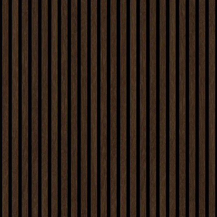 FN Neuhofer Akustikpaneel Acustico PVC - Eiche Medium, L x B x S: 2.400 x 572,5 x 19 mm, 1 Stk., 1,374 m² - Nahaufnahme von Holzlattenwandpaneelen mit vertikalen, dunkelbraunen Latten und schwarzen Zwischenräumen, die ein modernes und strukturiertes Design bieten.