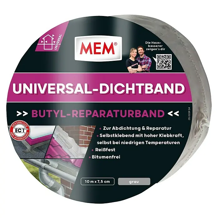 MEM Dichtband Butyl-Band - 10 m x 7,5 cm - MEM Universal-Dichtband: Butyl-Reparaturband zur Abdichtung und Reparatur, selbstklebend, reißfest und bitumenfrei, 10 m x 7,5 cm, grau.