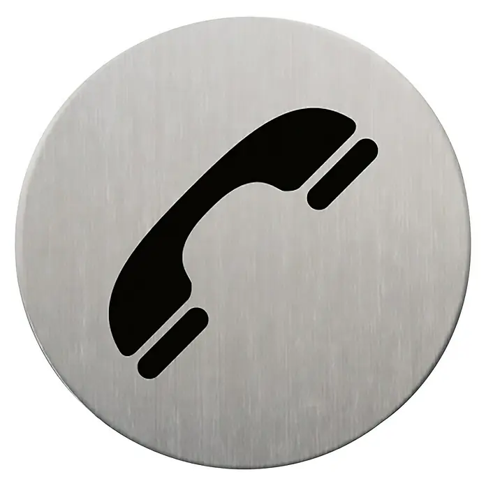 Rótulo - Plateado/Negro, Teléfono - Símbolo de teléfono metálico sobre un fondo redondo. El símbolo es negro y el fondo tiene un aspecto de metal cepillado.