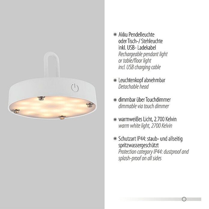 Just Light LED-Akku-Pendelleuchte Akuba (1,5 W, Warmweiß, Durchmesser: 46 cm) | BAUHAUS