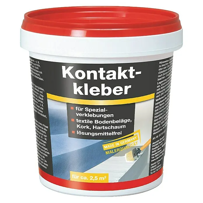 Decotric Kontaktkleber - 700 g, Lösemittelfrei - Abbildung eines Eimers Kontaktkleber, ideal für spezielle Verklebungen von Textilien, Kork und Hartschaum, lösemittelfrei und Made in Germany.