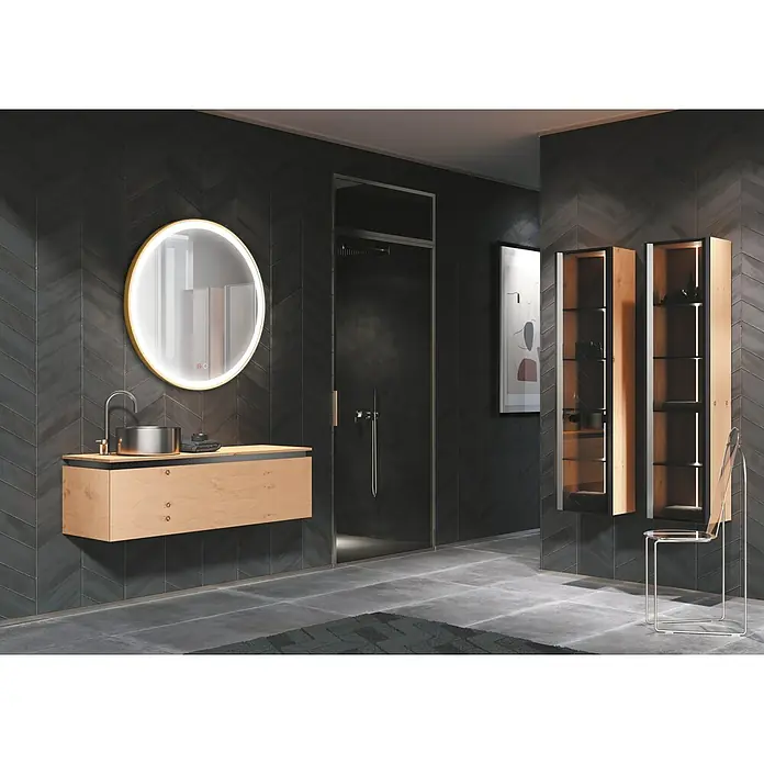 LedImex Espejo con luz Paris - Diámetro: 60 cm, Sensor, Oro - Cuarto de baño moderno con mueble de lavabo, espejo redondo, cabina de ducha y vitrinas de cristal colgantes. Diseño elegante para un ambiente sofisticado.