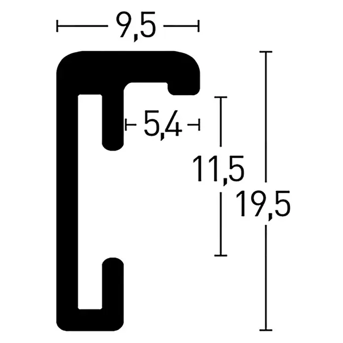 Nielsen Alurahmen Classic - DIN A2 / 42 x 59,4 cm, Contrastgrau - Abbildung eines C-Profils mit Maßangaben. Das Profil ist schwarz und die Maße sind in Millimetern angegeben.