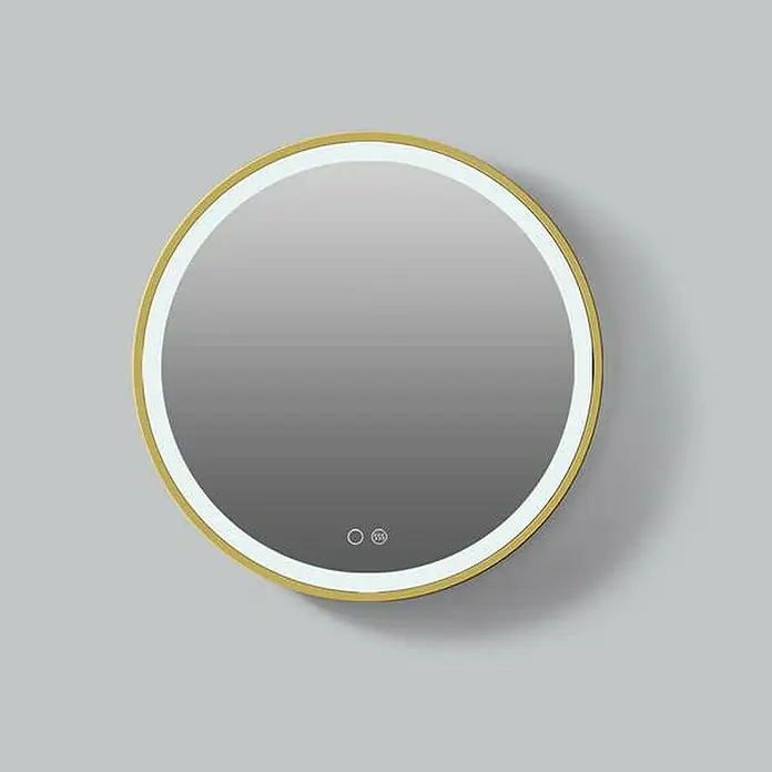 LedImex Espejo con luz Paris - Diámetro: 60 cm, Sensor, Oro - Un espejo redondo iluminado con un marco dorado en una pared gris. Perfecto para baños o vestidores.