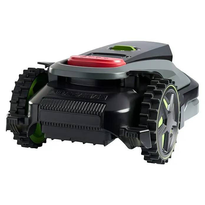 Grouw Mähroboter 600 SQM SMART VISION - 600 m², Schnittbreite: 18 cm, Kamera-gestützte Navigation - Nahaufnahme eines modernen Robotermähers mit markanten Rädern und rotem Stoppknopf.