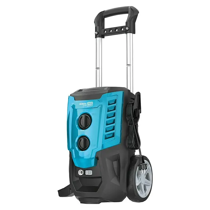 Koma Tools PRO Series Hidrolimpiadora de alta presión - 170 bar, 2.200 W, Capacidad de bombeo: 390 l/h - La imagen muestra una hidrolimpiadora Koma Pro Tools Series en azul y negro, con asa extensible y ruedas para facilitar el transporte.