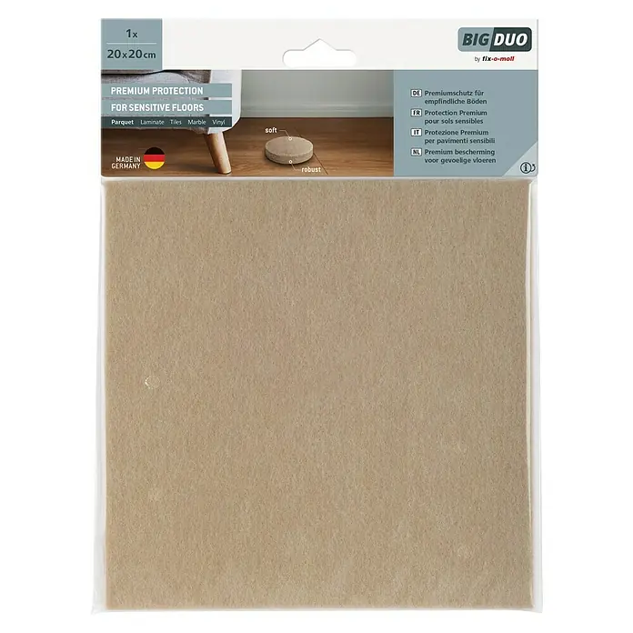 Fix-o-moll Filzgleiter - B x H: 200 x 200 mm, Kleben, 1 Stk. - Bild einer "BIG DUO" Premium Schutzmatte für empfindliche Böden, 20x20 cm, geeignet für Parkett, Laminat, Fliesen, Marmor und Vinyl.
