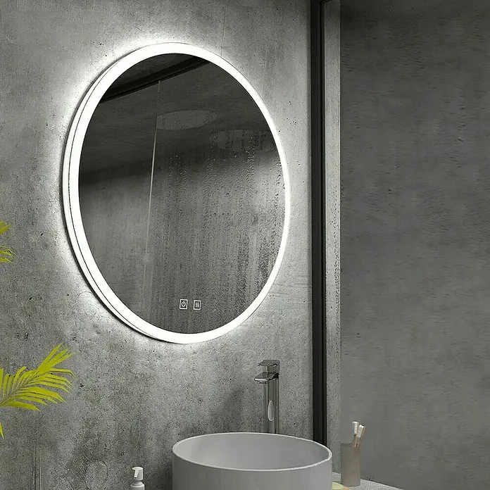Lichtspiegel Beth - 60 x 60 cm, Durchmesser: 60 cm, Silber, Sensor - Beleuchteter runder Badezimmerspiegel mit Touch-Funktion, der modernes Design und Funktionalität vereint. Perfekt für stilvolle Badezimmer.
