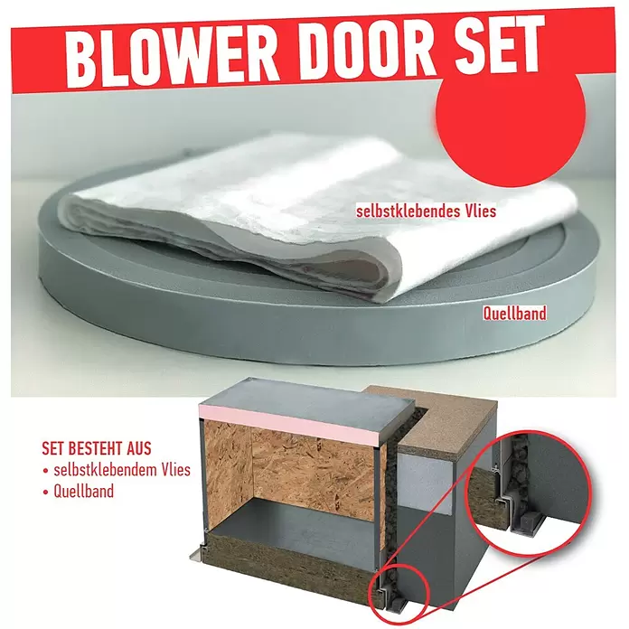 Wippro Isotec Spezialabdichtung Blower-Door - Passend für: Wippro Bodentreppen - Blower Door Set: selbstklebendes Vlies und Quellband, illustriert mit einer Anwendungszeichnung für Gebäudedämmung.