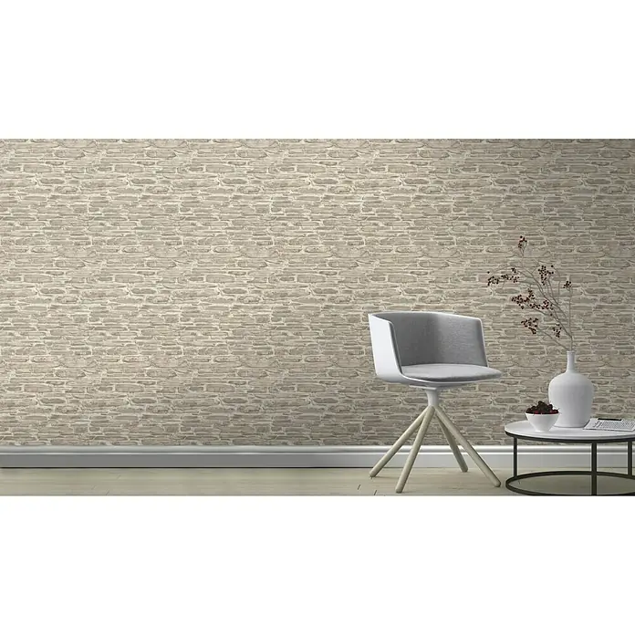 Rasch Tapetenwechsel Vliestapete - Beige, 10,05 x 0,53 m - Stilvolle Inneneinrichtung mit einer Akzentwand in Steinoptik, die eine moderne Atmosphäre mit einer gemütlichen Note verbindet.