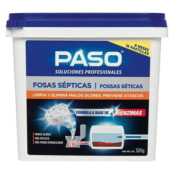 Paso Desatascador Fosas Sépticas - 320 g, 16 ud. - Un envase de PASO Fosas Sépticas, una solución profesional para fosas sépticas con enzimas que elimina olores y previene atascos.