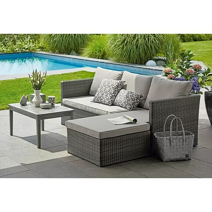 Sunfun Loungemöbel-Set Sandra - 3 -tlg., Polyrattan, Akazie, Aluminium, Hellgrau/Anthrazit - Stimmungsaufnahme