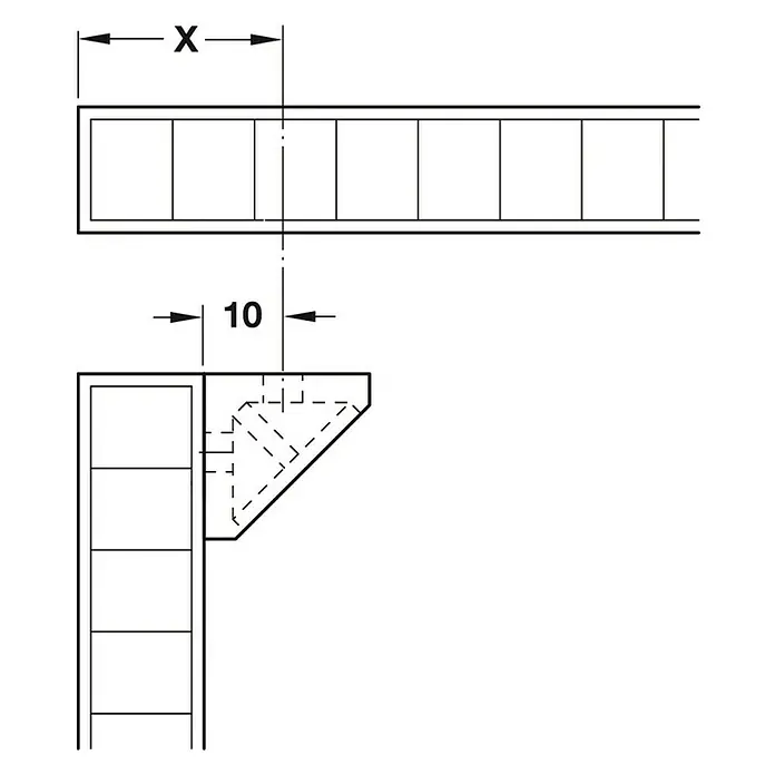 Häfele Eckverbinder - L x B x H: 20 x 44 x 20 mm, Weiß - Abbildung eines Möbelstücks mit Bemaßung X und 10, die die Konstruktionsdetails hervorhebt.
