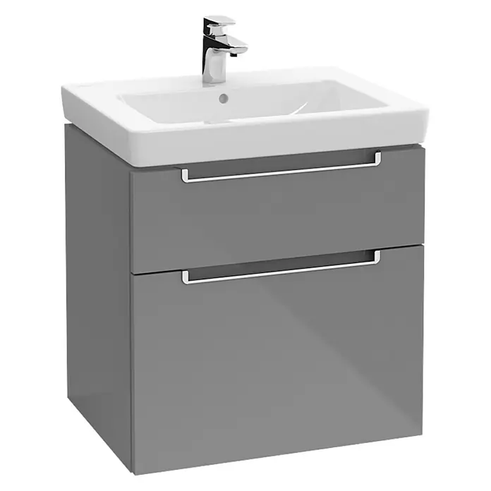 Villeroy & Boch Subway 2.0 Waschtisch - 55 x 44 cm, Ohne Spezialglasur, Hahnloch: Mitte, Mit Überlauf, Weiß - Grauer Waschtischunterschrank mit zwei Schubladen und einem weißen Waschbecken. Ideal für moderne Badezimmer.