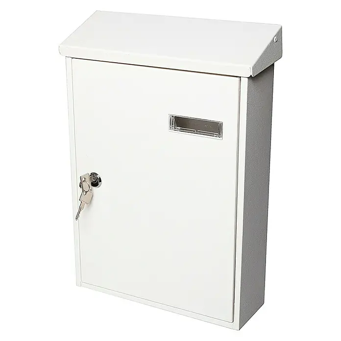 Portaferm Wandbriefkasten PF 33 - L x B x H: 9,2 x 27 x 37 cm, Weiß, Stahl - Bild einer weißen Briefkasten mit Schlüssel. Der Briefkasten ist robust und abschließbar für eine sichere Postaufbewahrung.
