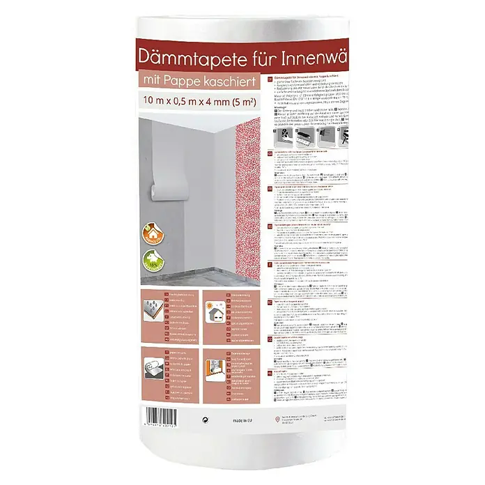 DämmtapeteKaschierung: Pappe, Max. Anwendungsfläche: 5 m², Höhe: 0,4 cm - Produktverpackung der Dämmtapete für Innenwände mit Pappkaschierung, 10 m x 0,5 m x 4 mm. Die Tapete ist ideal zur Wärmedämmung und Schallreduzierung.