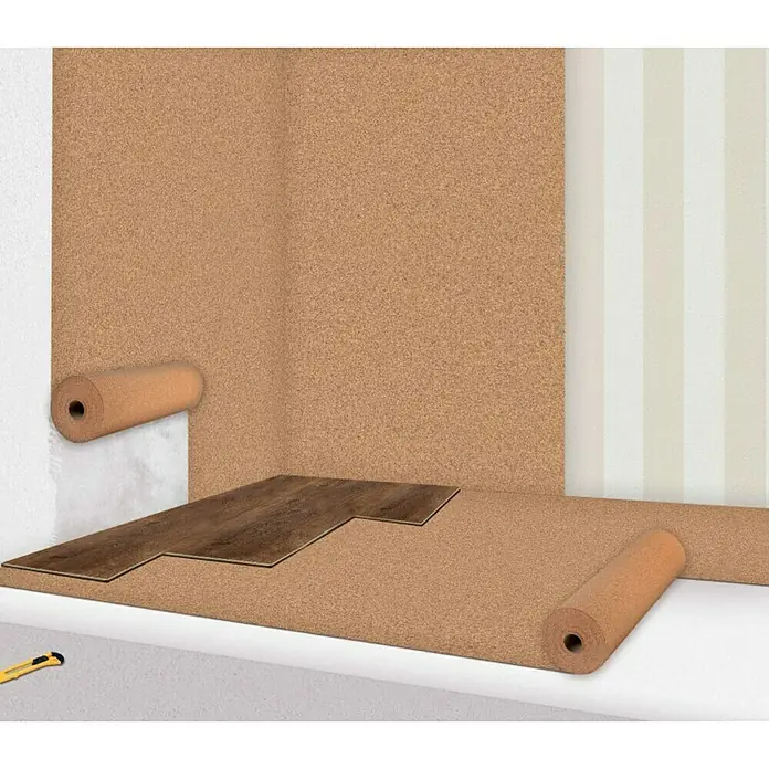 Korkrolle - L x B x H: 5 m x 0,5 m x 4 mm - Korkbodenbelag mit Holzeffektplatten und Rolle Kork an der Wand. Ideal für Schallschutz und Wärmeisolierung im Raum.