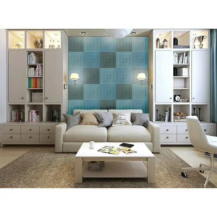 Rosette Heike - Expandiertes Polystyrol (EPS), Modern, Weiß - Wohnzimmer mit Sofa, Couchtisch und Bücherregalen. Das blaue Wandpaneel ist ein Blickfang in diesem modern eingerichteten Raum.