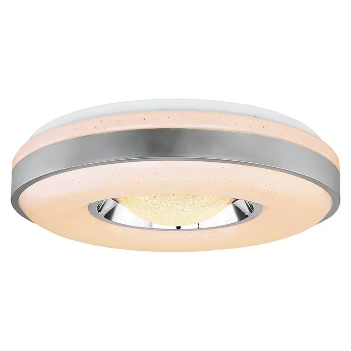 Lavida Plafón LED redondo - 24 W, Ø x Al: 410 mm x 10 cm, Blanco, Blanco cálido - Primer plano de una moderna lámpara de techo LED con detalles cromados y un diseño de patrón de estrellas. Ideal para interiores.