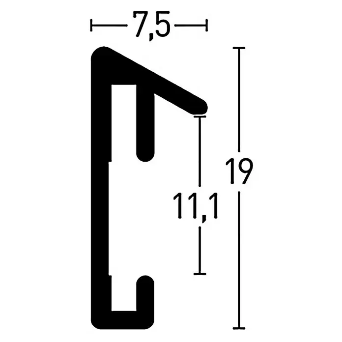 Nielsen Alurahmen Pixel - 50 x 70 cm, Schwarz - Profilzeichnung eines schwarzen Möbelprofils mit Maßangaben. Ideal für detaillierte Planungen und genaue Konstruktionen.