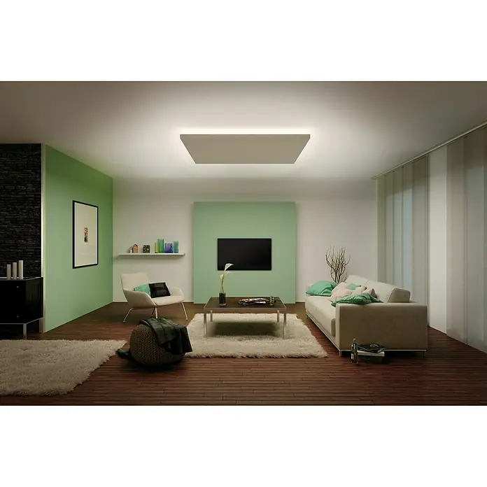 Paulmann MaxLED 1.000 LED-Band Function unbeschichtet - Länge: 1 m, Lichtfarbe: Warmweiß, 12 W, 1.100 lm, Unbeschichtet - Wohnzimmer mit quadratischer LED-Deckenleuchte. Die Leuchte sorgt für eine angenehme, gleichmäßige Ausleuchtung des Raumes.
