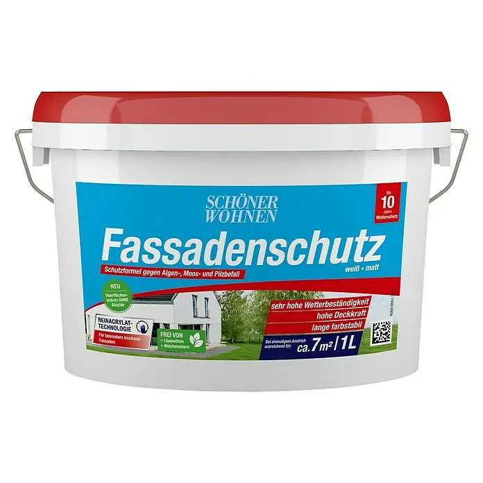 SCHÖNER WOHNEN-Farbe Dispersionsfassadenfarbe Fassadenschutz - Weiß, 1 l - Farbdose Schöner Wohnen Fassadenschutz, Fassadenfarbe für bis zu 10 Jahre Wetterschutz, Schutz vor Algen, Moos und Pilzbefall.