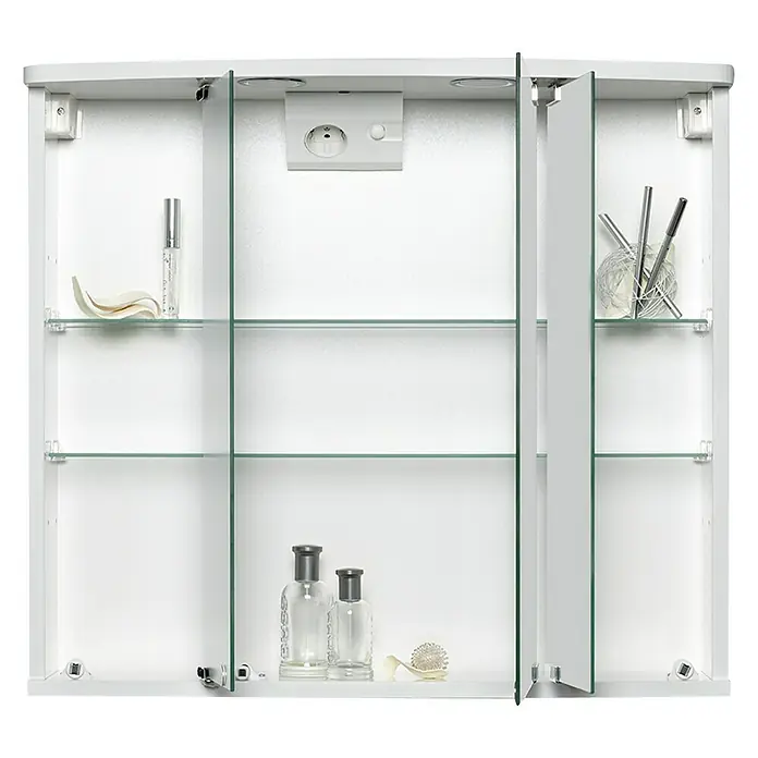 Jokey LED-Spiegelschrank Doro - B x H: 67,4 x 60 cm, Holz, Weiß - Ein weißer Badezimmerschrank mit Glasregalen und teilweise geöffneten Spiegeltüren, der verschiedene Badezimmerartikel enthält.