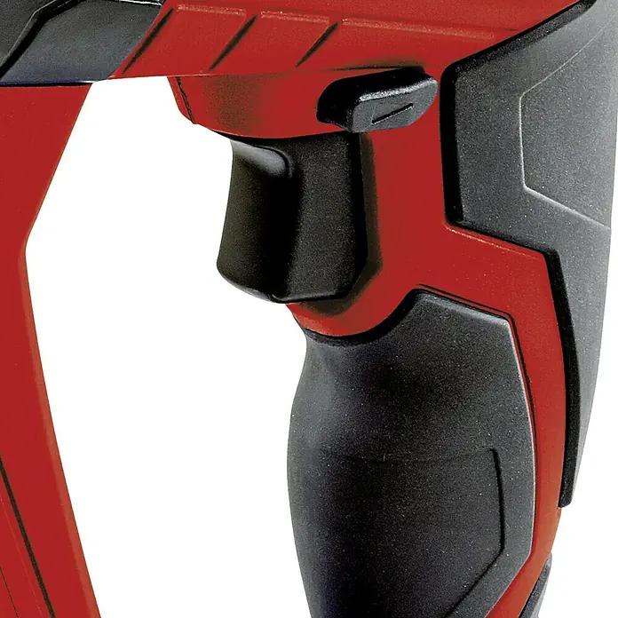 Einhell Power X-Change 18V Akku-Bohrhammer TE-HD 18 Li-Solo - 18 V, Ohne Akku - Nahaufnahme eines roten und schwarzen Elektrowerkzeugs mit Fokus auf Griff und Bedienelementen.