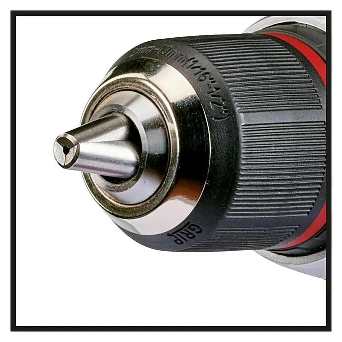 Einhell Power X-Change 18V Akku-Bohrschrauber TE-CD 18 Li E-Solo18 V, Ohne Akku - Nahaufnahme des Bohrfutters einer Bohrmaschine mit den Größenangaben. Ideal für präzise Bohrarbeiten und sicheren Halt der Bohrer.