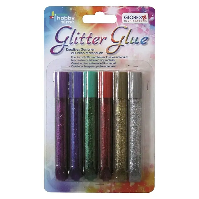 Glorex Hobby Time Klebestift Glitter Glue - Bunt, 6 Stk. x 10,5 ml - Packung mit Glitter Glue von Hobby Time/Glorex Inspirations. Das Set enthält sechs farbige Glitzerkleber für kreative Gestaltung.