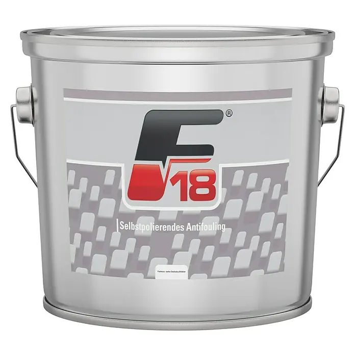 F18 Selbstpolierendes Antifouling SP - Rot, 2,5 l - Nahaufnahme eines silbernen Farbbehälters mit der Aufschrift "F18 selbstpolierendes Antifouling".