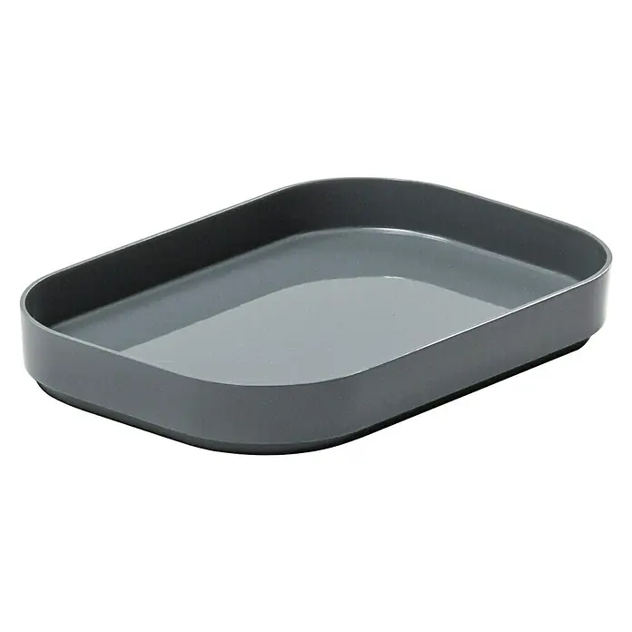 SmartStore Deckel Compact - L x B x H: 14,5 x 10 x 2 cm, Kunststoff, Grau - Ein graues, rechteckiges Tablett mit abgerundeten Ecken steht vor einem weißen Hintergrund. Das Tablett ist leer und sauber.
