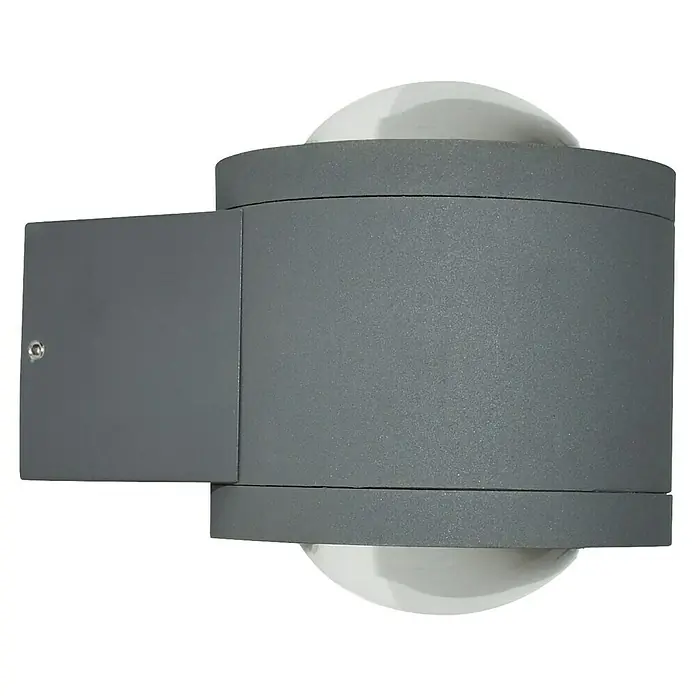 Starlux LED-Außenwandleuchte Fano - 10 W, 12 x 9 x 10,5 cm, Anthrazit, IP54 - Nahaufnahme einer modernen grauen Wandleuchte mit kugelförmigen Lampenschirmen für den Außenbereich.