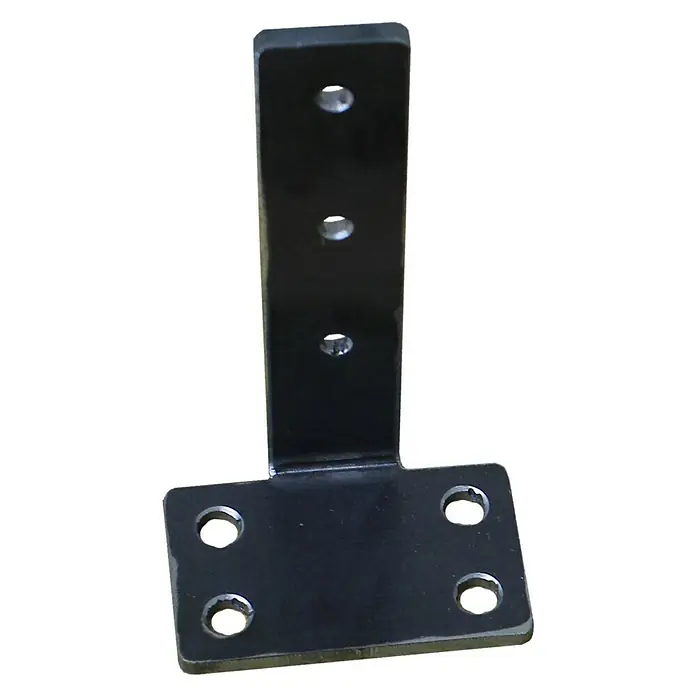 Palatino Space Vertical Fußplatte Space Vertical - Passend für: Palatino Space Vertical Sichtschutzelemente - Das Bild zeigt eine schwarze, winkelige Halterung mit mehreren Löchern für Schrauben oder Befestigungen.