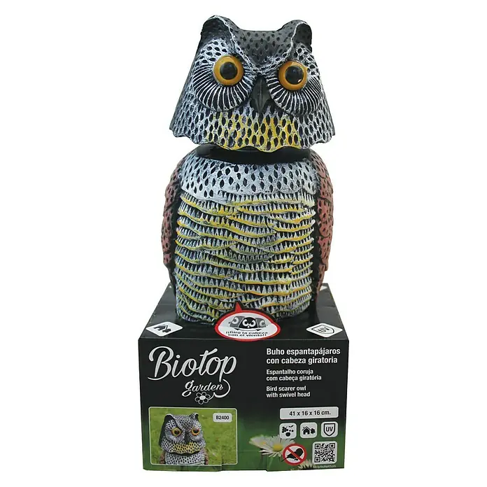 Altadex Búho Espanta pájaros - Altura: 41 cm - Un espantapájaros búho con cabeza giratoria en la caja del producto.