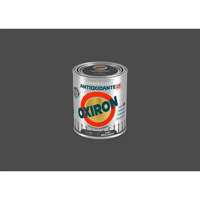 Oxiron Esmalte para metal Antioxidante Eco - Gris medio, 750 ml, Brillante - Bote de pintura Oxiron, antioxidante, acabado brillante, color gris. Para condiciones climáticas extremas y aplicación directa.