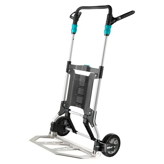 Wolfcraft Carretilla de mano TS 1500 - Capacidad de carga: 200 kg - Una toma detallada de un carro de transporte Wolfcraft con plataforma de carga plegable y mango ergonómico.
