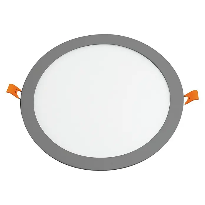 Alverlamp Downlight empotrable LED redondo Aluminio - 12 W, Ø x Al: 17,2 x 2 cm, Aluminio, Blanco neutro - Primer plano de una lámpara de techo LED gris con clips naranjas, ideal para interiores modernos y soluciones de iluminación.