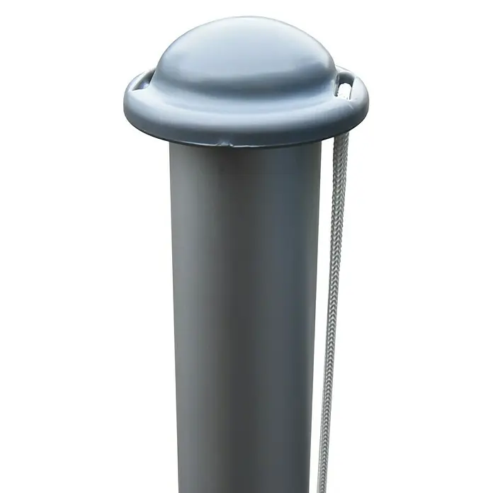 Fahnenmast - Höhe: 6,2 m, Aluminium - Detailaufnahme einer grauen Fahnenstange mit Kordel, die die obere Abdeckung umgibt. Ideal für die Präsentation von Flaggen im Außenbereich.