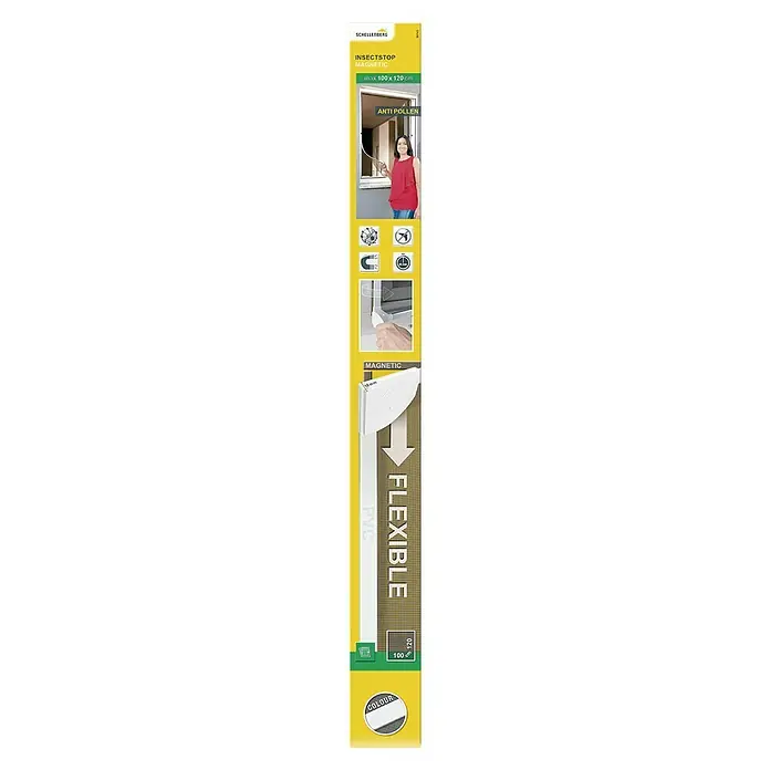 Schellenberg Insect Stop Mosquitera para ventana Magnetic Antipolen - An x Al: 100 x 120 cm, Montaje de la mosquitera: Fijación magnética, Color bastidor: Blanco - Embalaje del producto para mosquitera Schellenberg Magnetic, flexible y con protección contra el polen, máx. 100 x 120 cm.
