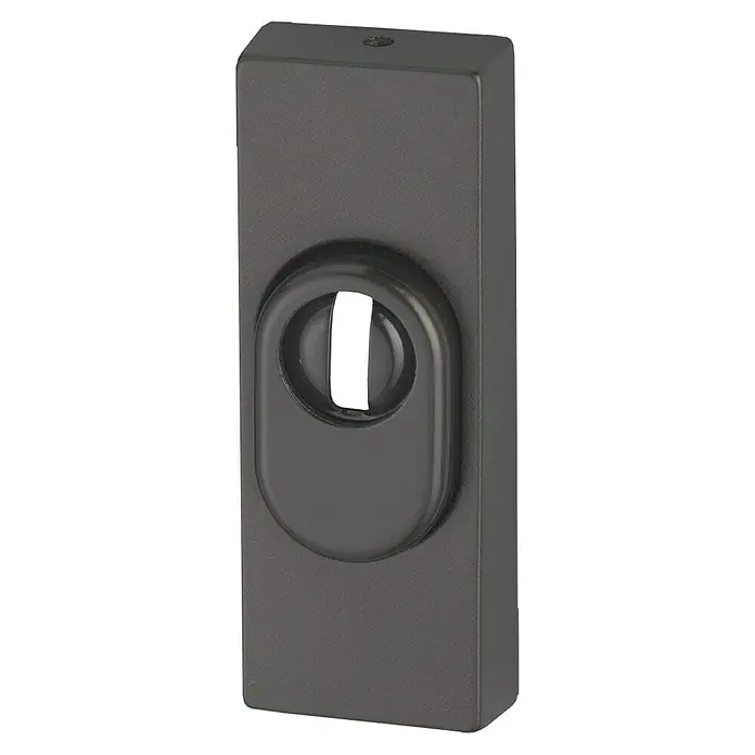 Abus Sicherheitsrosette RSZS 316 - Metalltür, Schwarz, Stärke Schild/ Rosette: 16 mm - Nahaufnahme einer modernen, mattschwarzen Schlüsselrosette mit einem stilvollen, ovalen Design für eine elegante Türgestaltung.