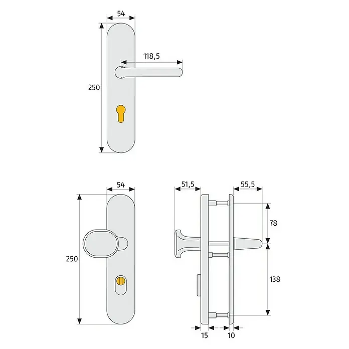 Abus Schutzbeschlag KLZS714 - Wohnungsabschlusstür, Edelstahl, Drücker beidseitig, Stärke Tür: 37 mm - 47 mm - Technische Zeichnung eines Türgriffs mit Maßangaben. Die Abmessungen des Türgriffs sind detailliert dargestellt.