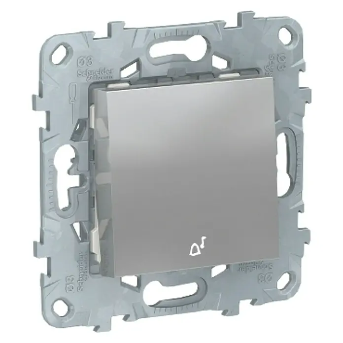 Schneider Electric New Unica Pulsador para estancias con humedad - Aluminio, Montaje en la pared - Un botón de timbre plateado de Schneider Electric con marco de montaje. El diseño moderno se integra perfectamente en cualquier entorno.