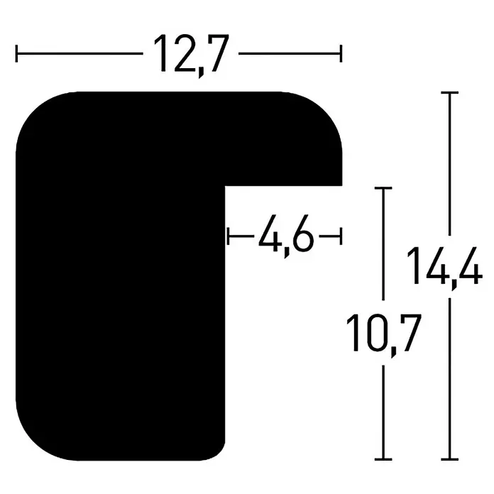 Nielsen Holzrahmen Zoom - 10 x 15 cm, Weiß - Profilansicht eines schwarzen Bauelements mit Maßangaben. Das Element hat eine abgerundete Ecke und die Maße sind in Millimetern angegeben.