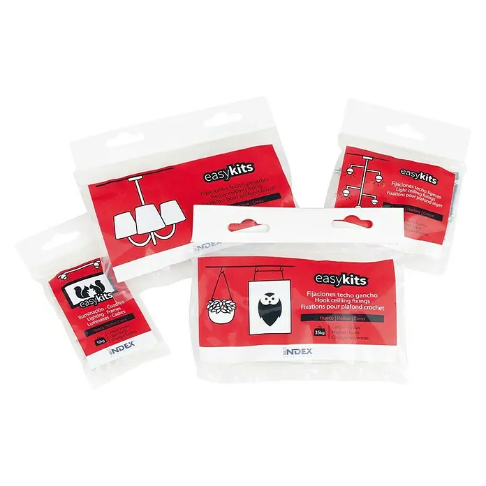 Index Easykit Juego de fijaciones para cuadros e iluminación - 4 pzs. - Surtido de fijaciones de techo Easykits, incluyendo ganchos y fijaciones para cargas de techo pesadas y ligeras.